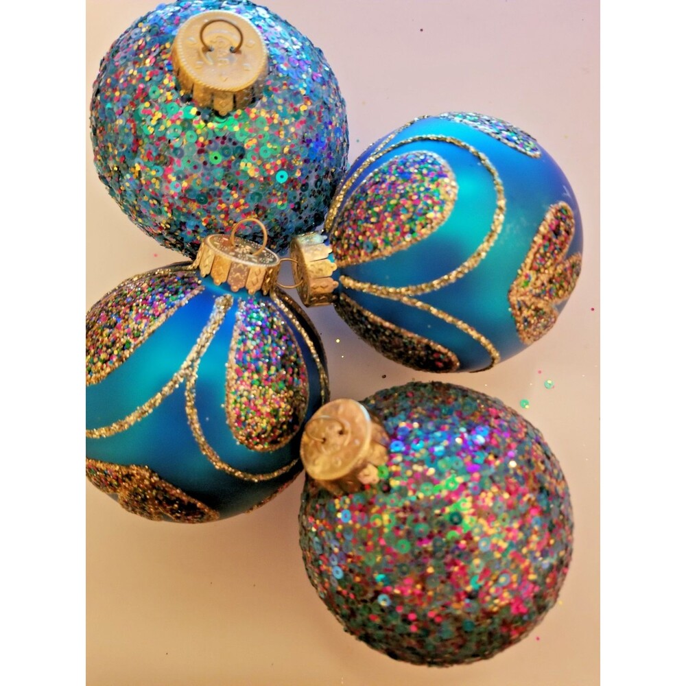 Vintage Glass Ornaments Round Sparkle Blue Multicolor Marked G & B Set of 4 - Picture 1 of 3